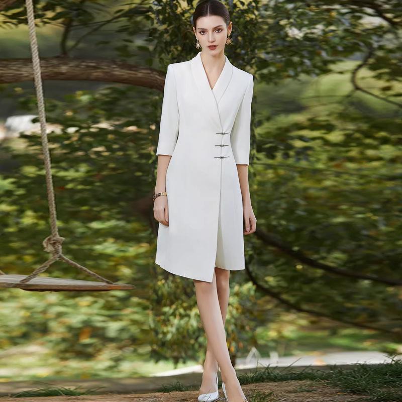 

Spring/Summer White Frog Button Asymmetrical Slimming Dress L