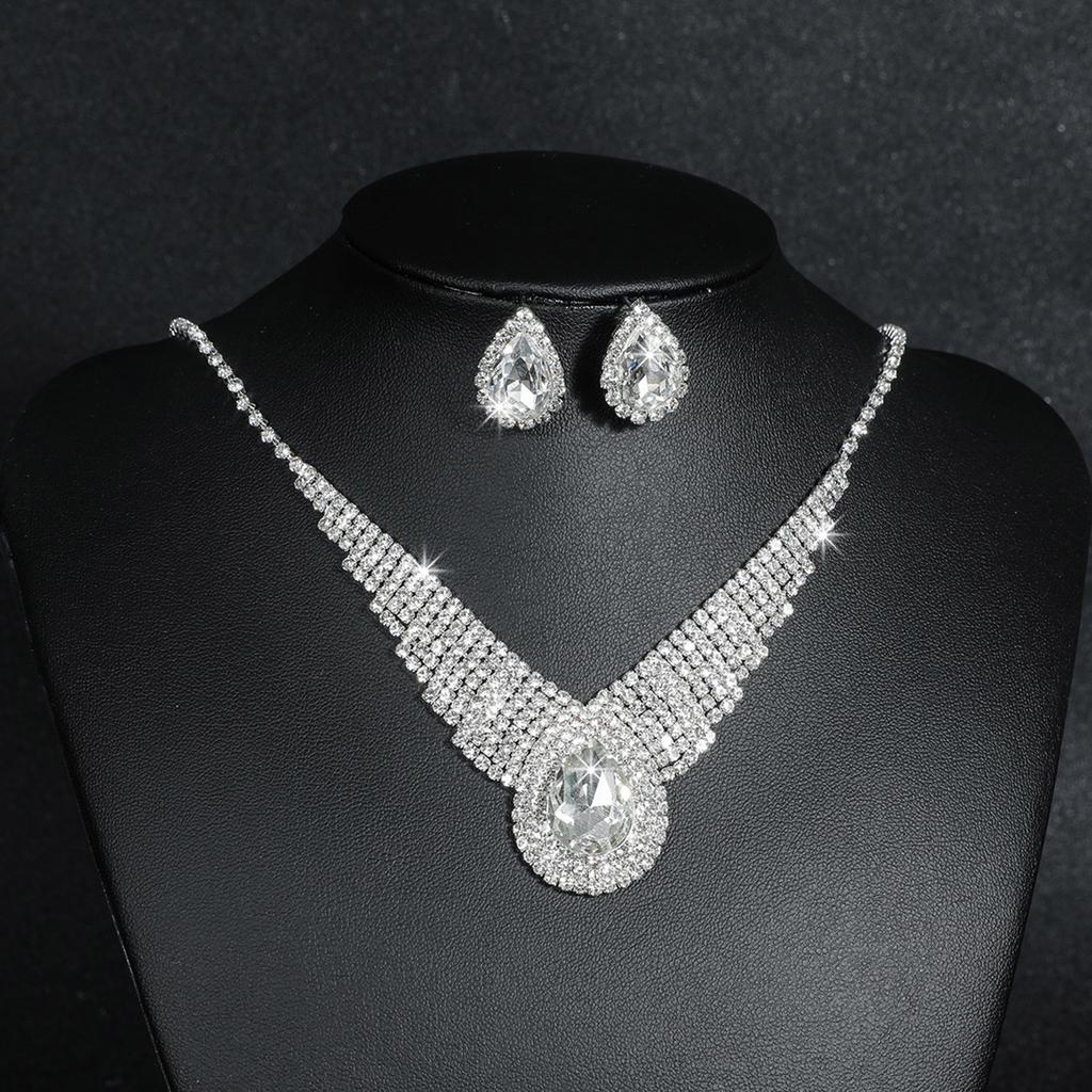 Fashion Super Beautiful Necklace Earrings Set Rhinestone Sparkling Stud Earrings Wedding Party Two-piece Wedding Dress Dress Accessories