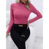 Solid Color Faux Neck Ribbed T-Shirt, Elegant Long Sleeve Slim Fit Hundred Tops for Women