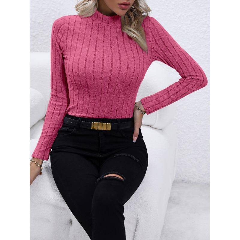 Solid Color Faux Neck Ribbed T-Shirt, Elegant Long Sleeve Slim Fit Hundred Tops for Women