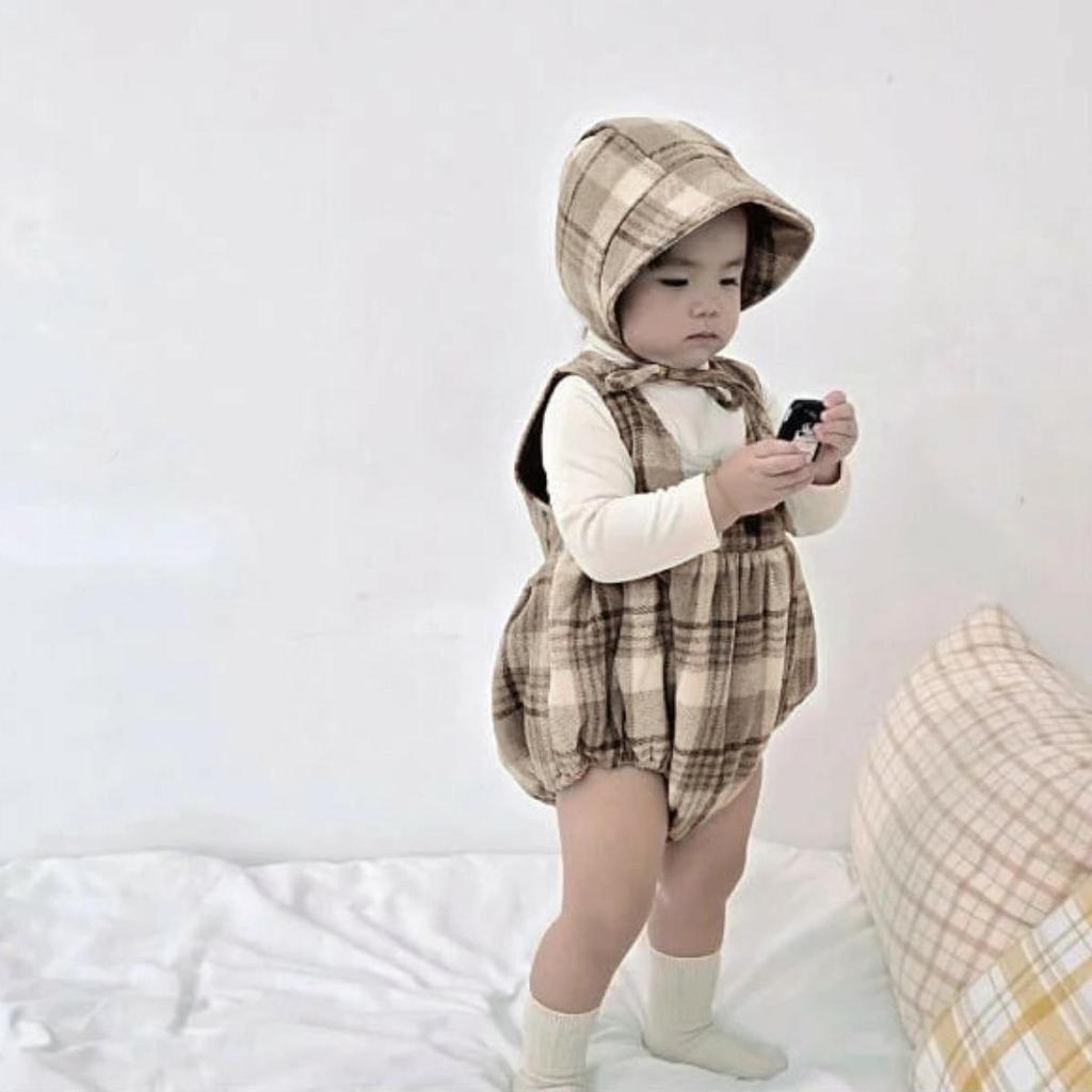Stylish Plaid Wool Fleece-Lined Baby Girl Romper with Footie Straps