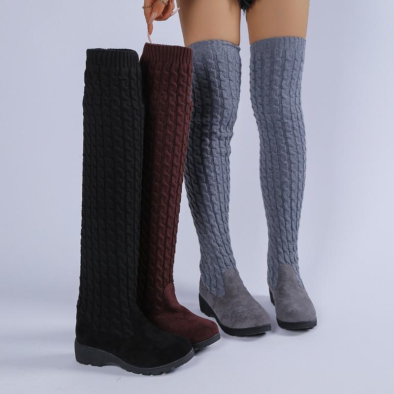 Winter neue dünne Keilabsatz Kniehohe Stiefel Damen dicke Sohle gestrickte Muffin-Socken Stiefel