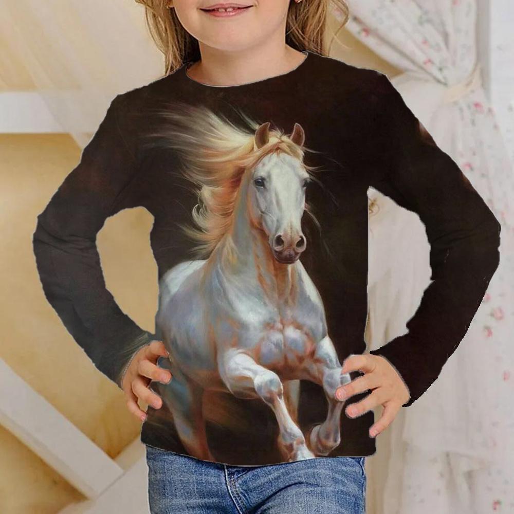 No. 11 Fashion Meisjeskleding Meisjes T-shirt Lange Mouw 3D Paard Kinderen Herfstkleding Stijlvolle Casual Kinder Tops Ronde Hals Kind Jongenskleding 120