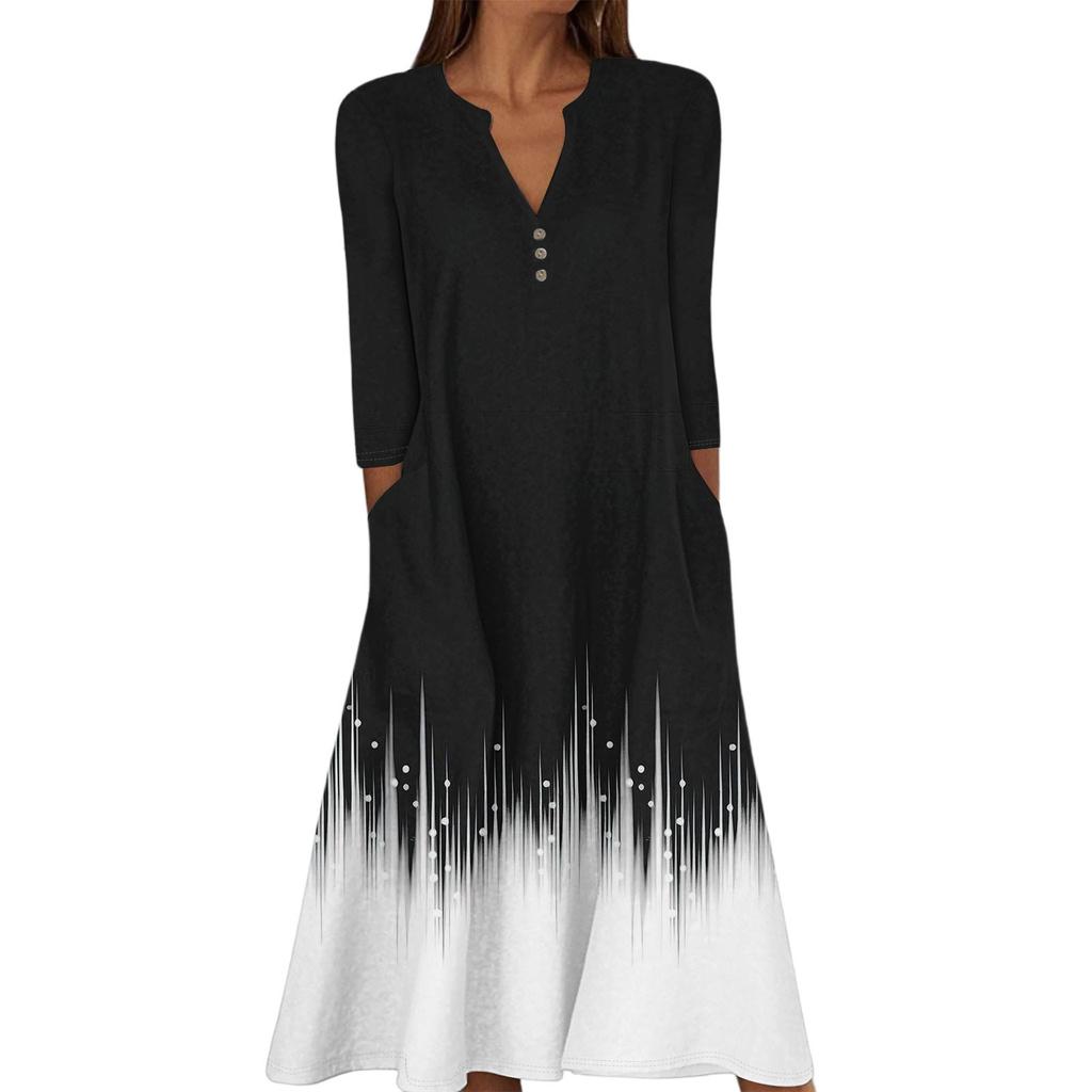 Damen Sommer Freizeit V-Ausschnitt Knopf Retro Geometrischer Druck Dreiviertelarm Langes Kleid mit Taschen