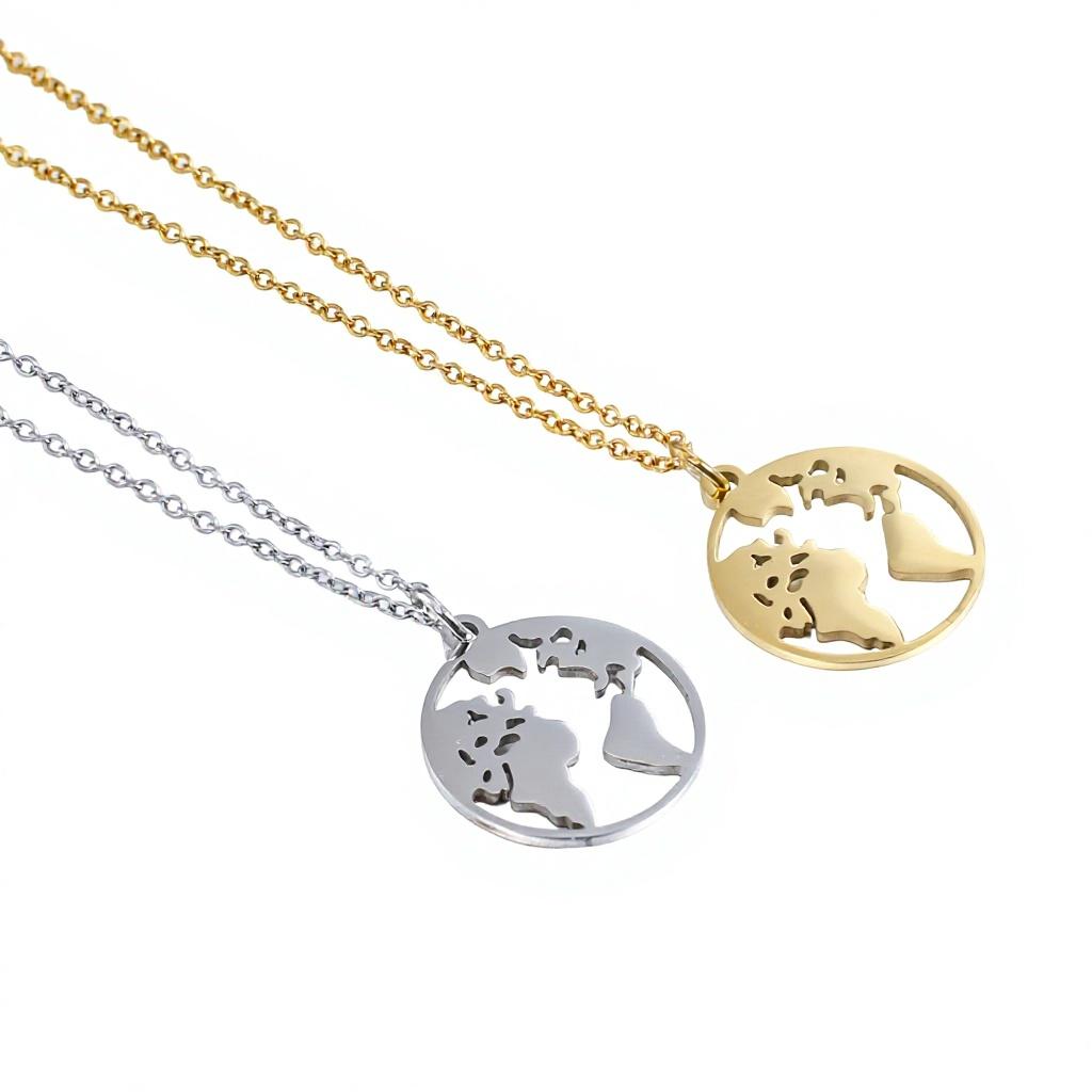 Cross-border Hot Selling World Map Travel Necklace Fashion Stainless Steel Jewelry Hollow Earth Pendant Women's Bamboo Sporty