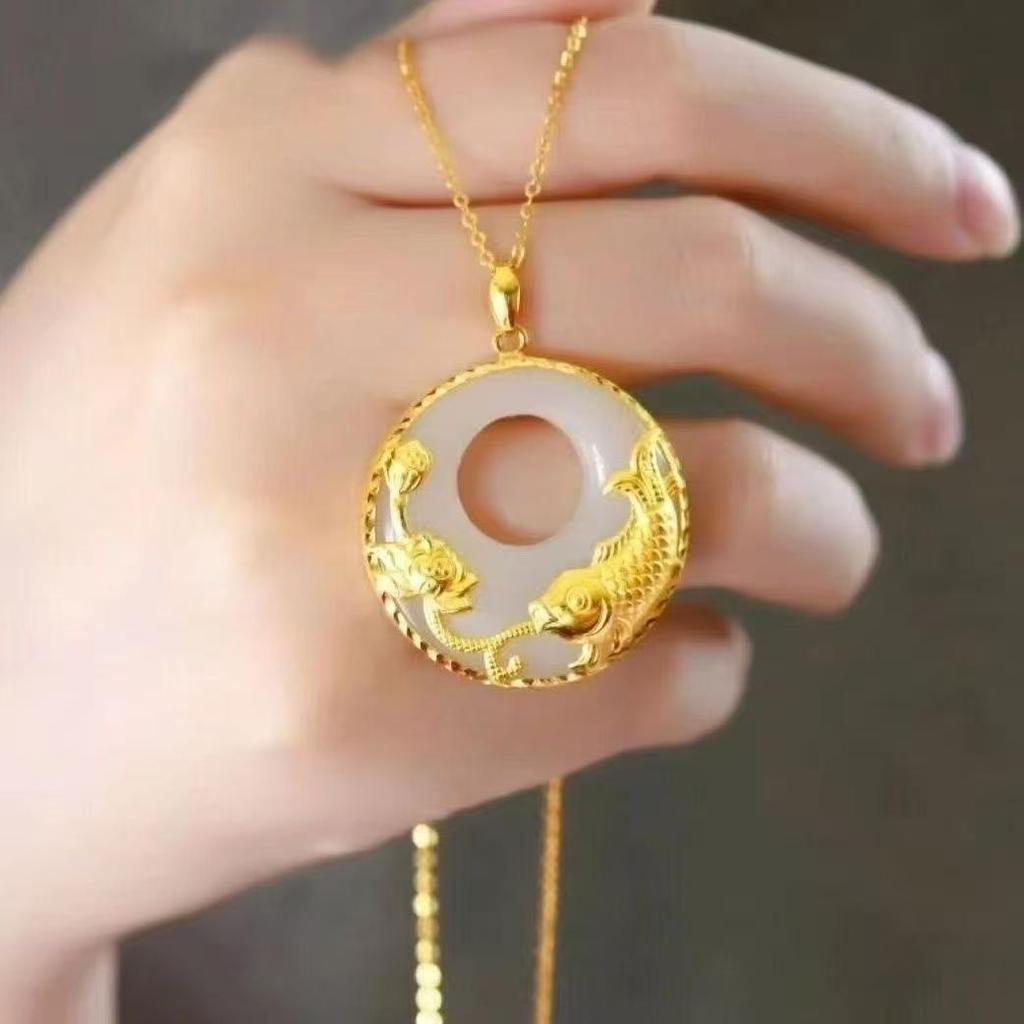 Versatile Gold Lotus Fish Pendant with White Jade O-shaped Chain Necklace for Women