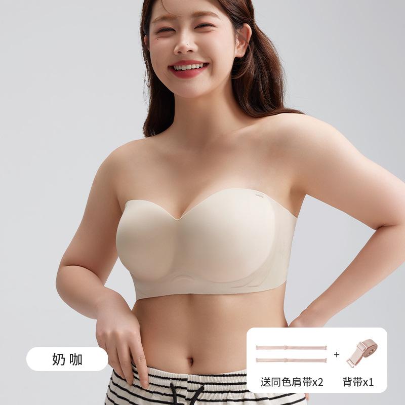 Strapless underwear women's big breasts slightly fat mm summer non-slip large size tube top thin invisible bra beautiful back anti-light