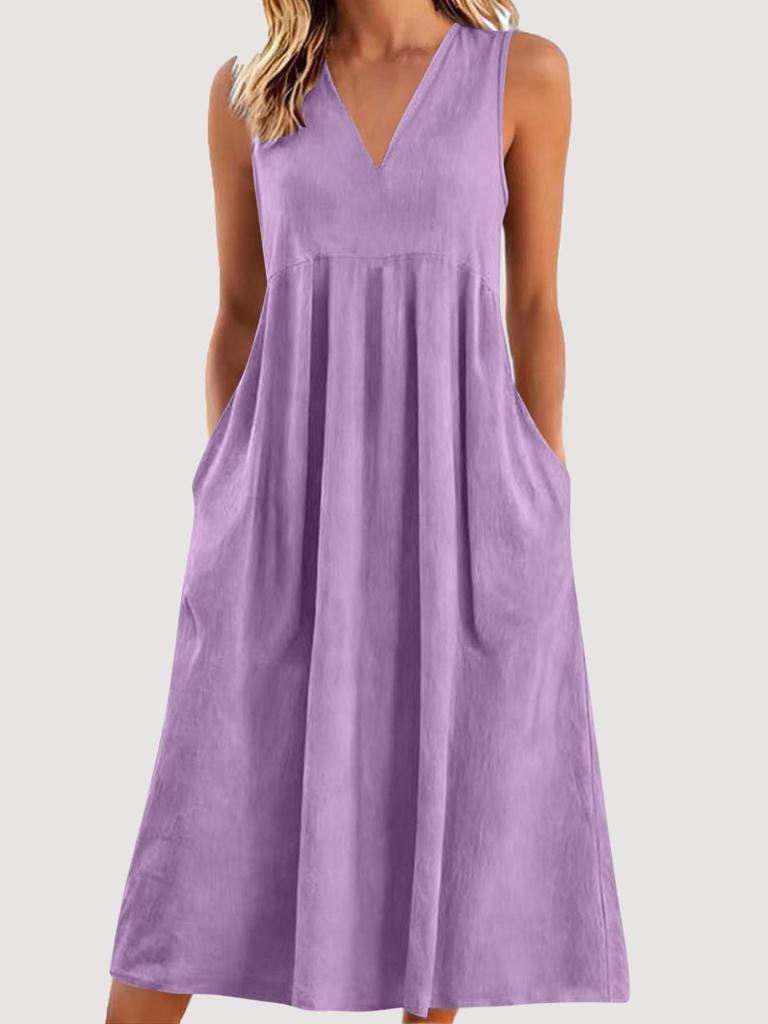 Europäisch-Amerikanisches Retro V-Ausschnitt Ärmelloses Baumwoll-Leinen Taschenkleid - Lässige, Lockere Damen Frühling/Sommer Mode.