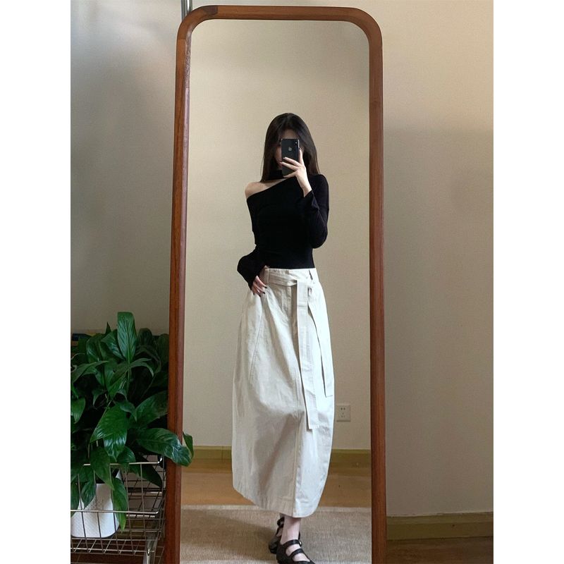 Kumikumi Fashion Set Ribbon Slim fit Long sleeves Shirt Women Autumn High Waist Skirt Flower Bud Skirt Two-piece Set
