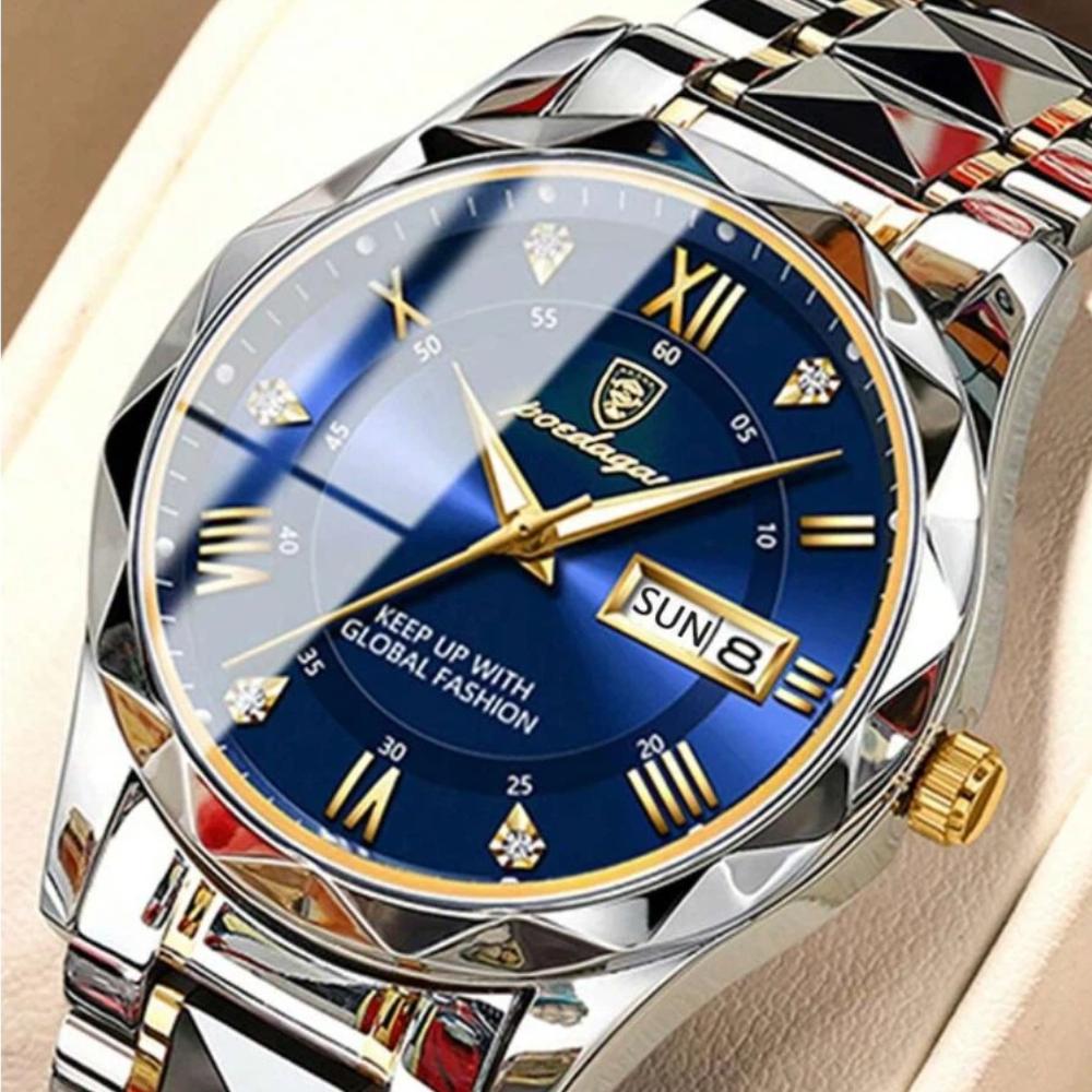 POEDAGAR Business Men's Stainless Steel Dual Calendar Quartz Watch, Casual Waterproof Luminous Men's Watch, Men's Gift