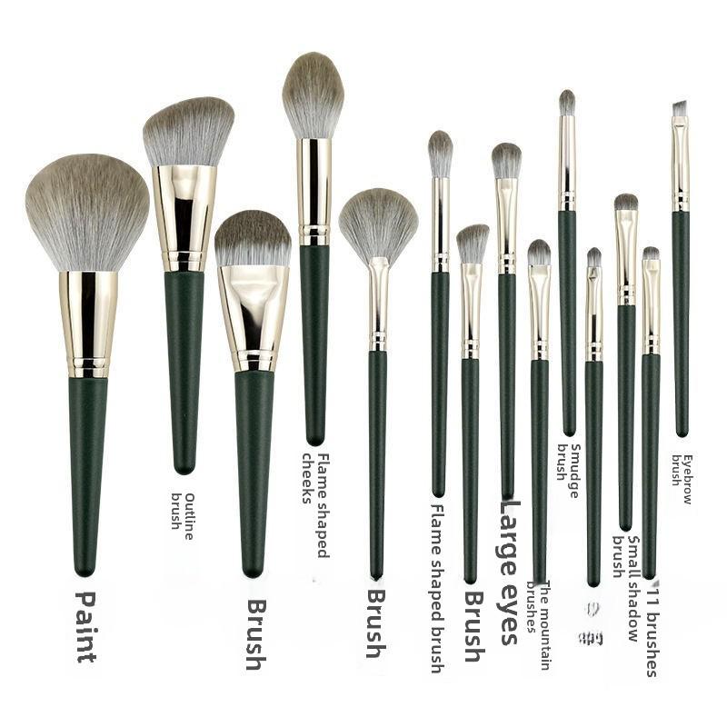Hua Yang 14-Piece Green Cloud Makeup Brush Set: Super Soft Brushes for Powder, Foundation, and Blush.
