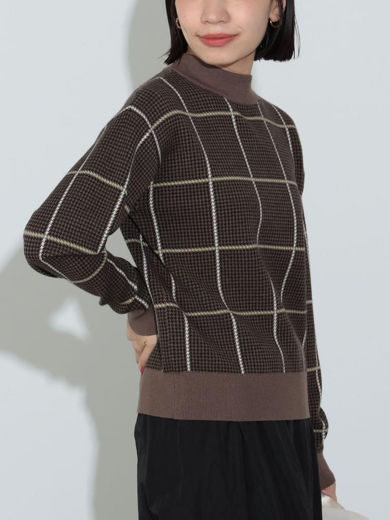 Strickpullover mit hohem Kragen und Karomuster, BEIGE, Einheitsgröße [Beams Heart], L/S, Damen