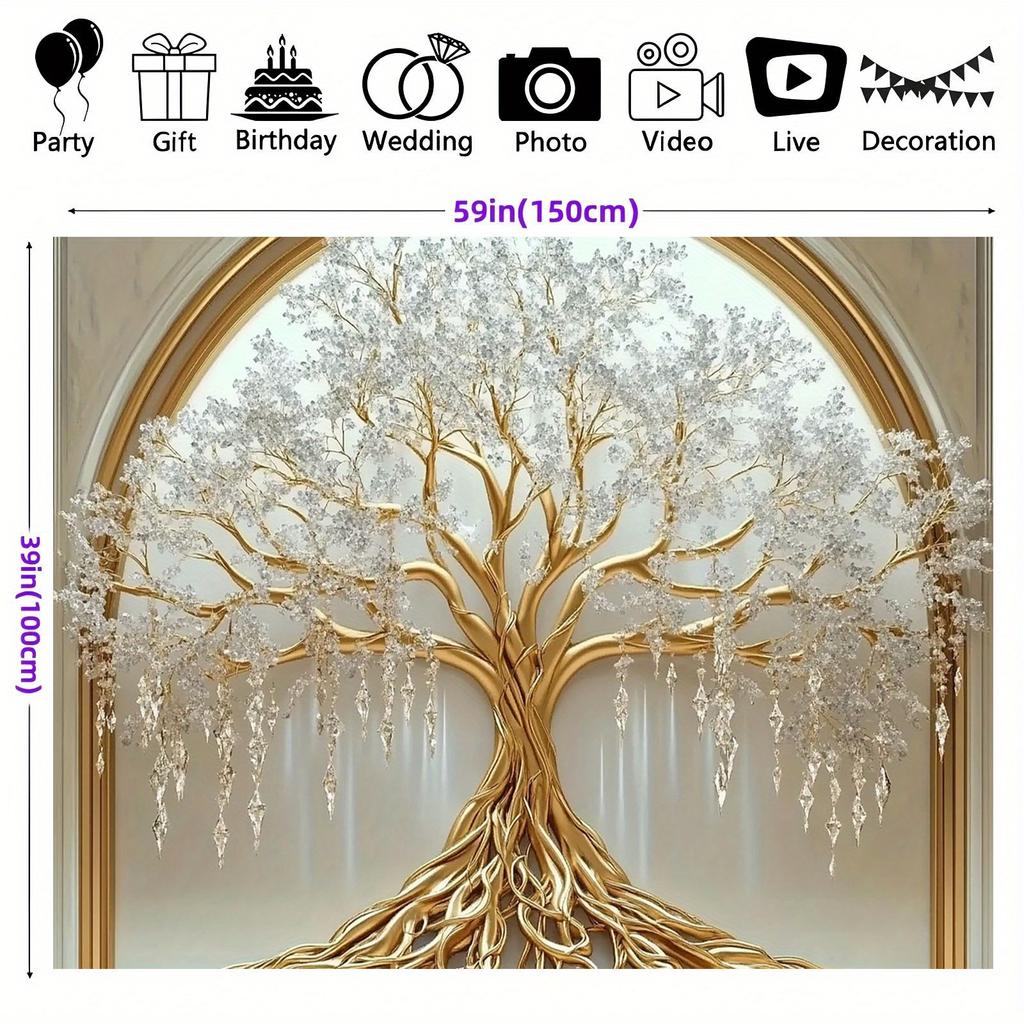 Oversized White Life Tree Wall-mounted - Elegant Polyester Decoration with Golden Branches and White Flowers