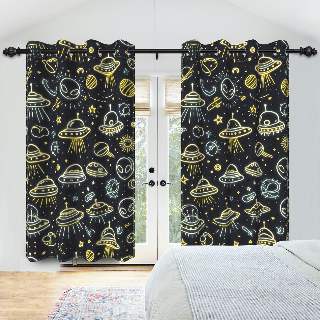 Set mit 2 Vorhängen im Weltraum-Thema Sterne Cartoon Astronomisches Design Kinderzimmer Dekoration Schlafzimmer Wohnzimmer Fenster Vorhänge Verdunkelnd Polyester Ideal