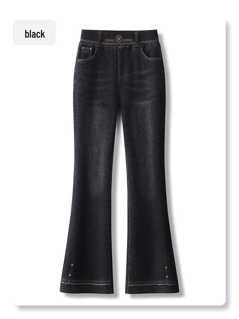 Women's Fleece-Lined Micro-Flared Jeans, 2024 Slim-Fit Horseshoe Style, High-Waisted, Ideal for Petite, Autumn/Winter.
