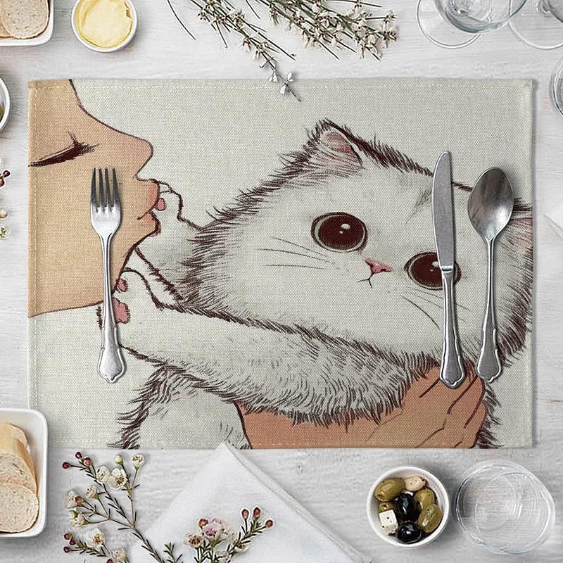 40x30cm Linen Cat Print Table Mat Cute Cat Cartoon Animal Pattern Placemats For Children Kids Kitchen Dining Place Mats Pads