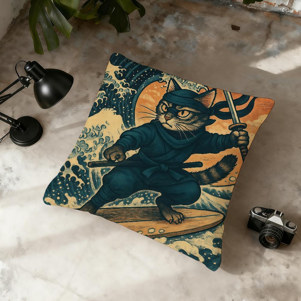 Funny Samurai Cat Surfing cushion cover Home Office Convenient Nordic Simplicity Hit With Zipper Cushion Cover 30cmx30cm