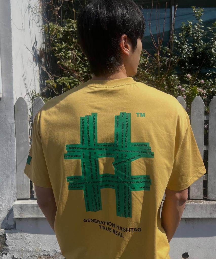 BEENTRILL Green Taping Hashtag Oversized Short Sleeve T-Shirt (Mustard)