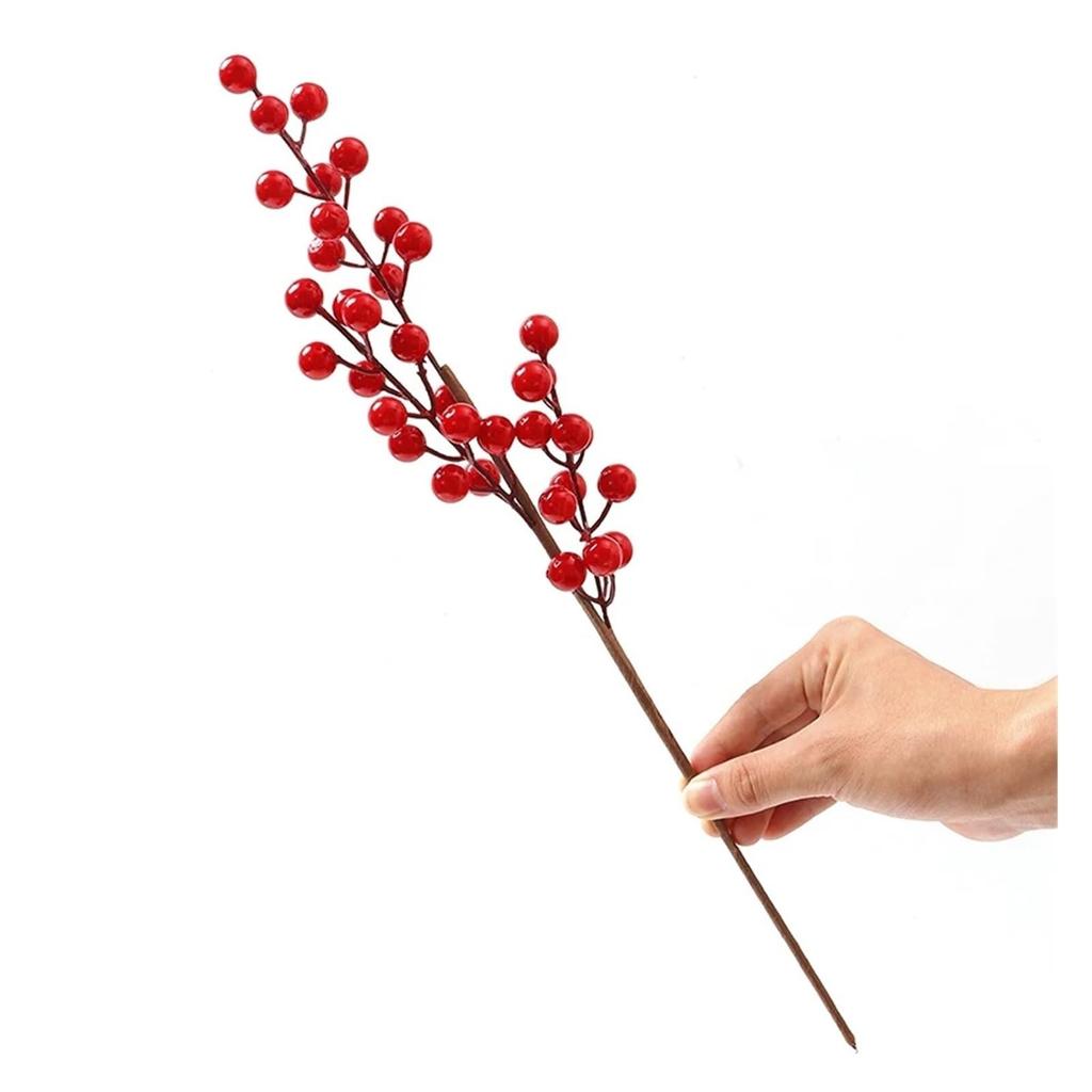 Red Berries, Artificial Red With Stem 3 Branches Holly Berries Simulation Fake Flower