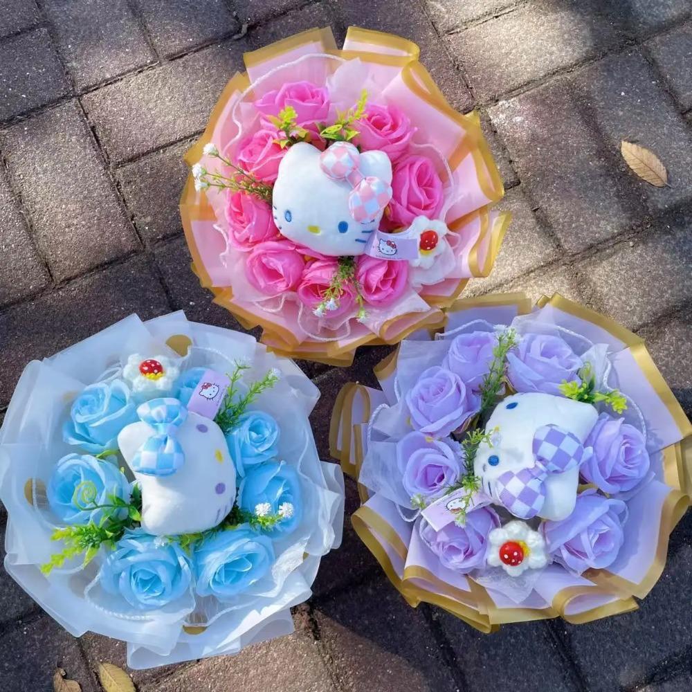 Bambole Gatto Kawaii Hello Kitty con Fiori Artificiali Bouquet Creativo Regali di Natale San Valentino Compleanno Laurea