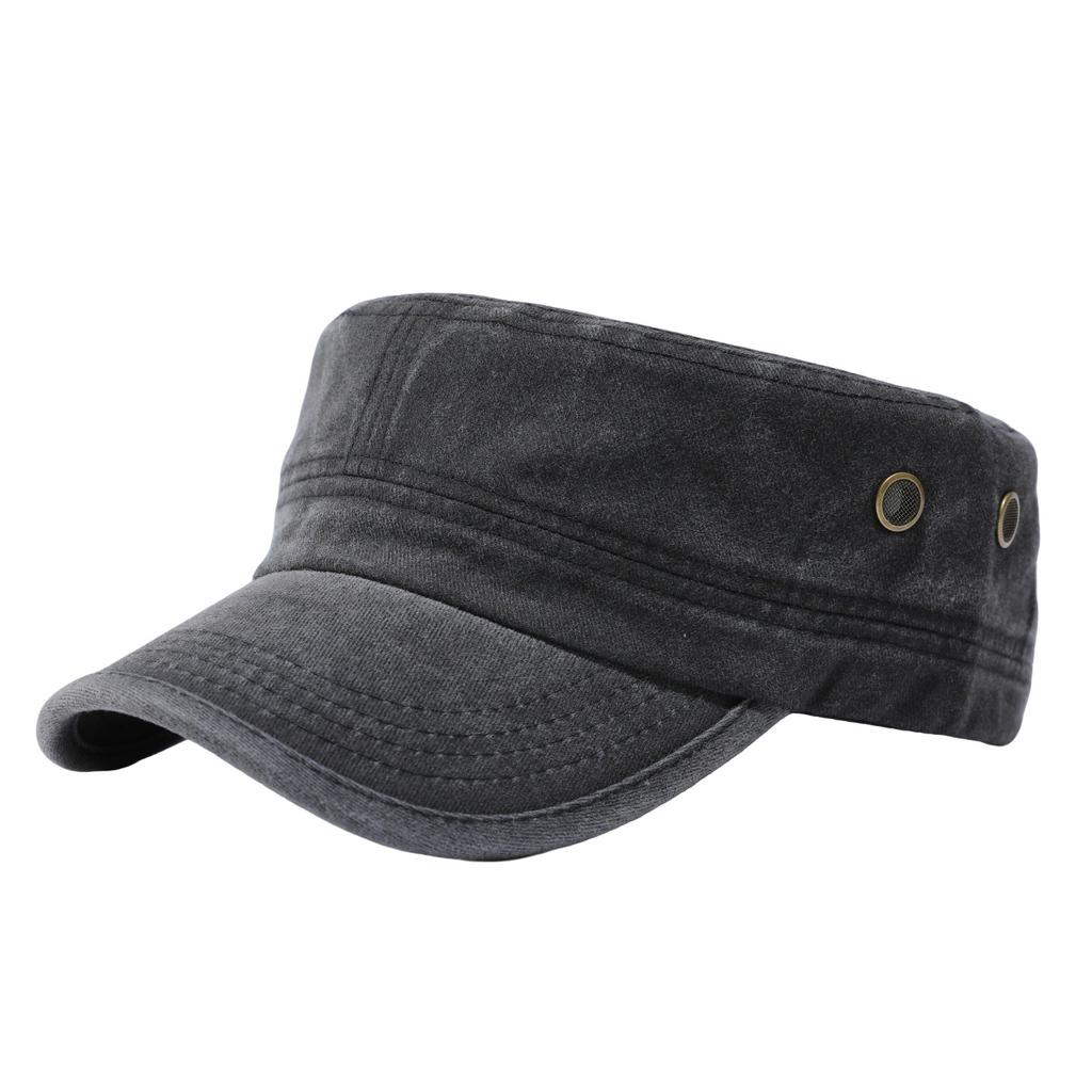 Flat Top Hat Men's Military Hat Solid Color Washed Cotton Hat Washed Cap Light Plate Sunscreen Sun Hat