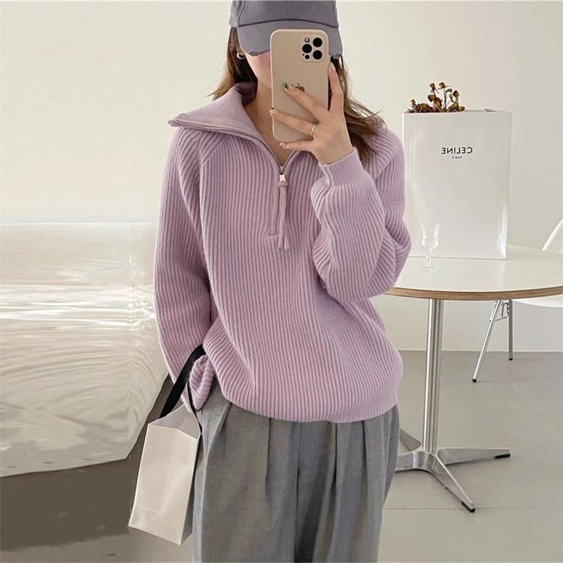 Autumn Winter Stand Collar Loose Casual Zipper Pullover Sweater Women Solid Color All-match Bottomed Knitting Top
