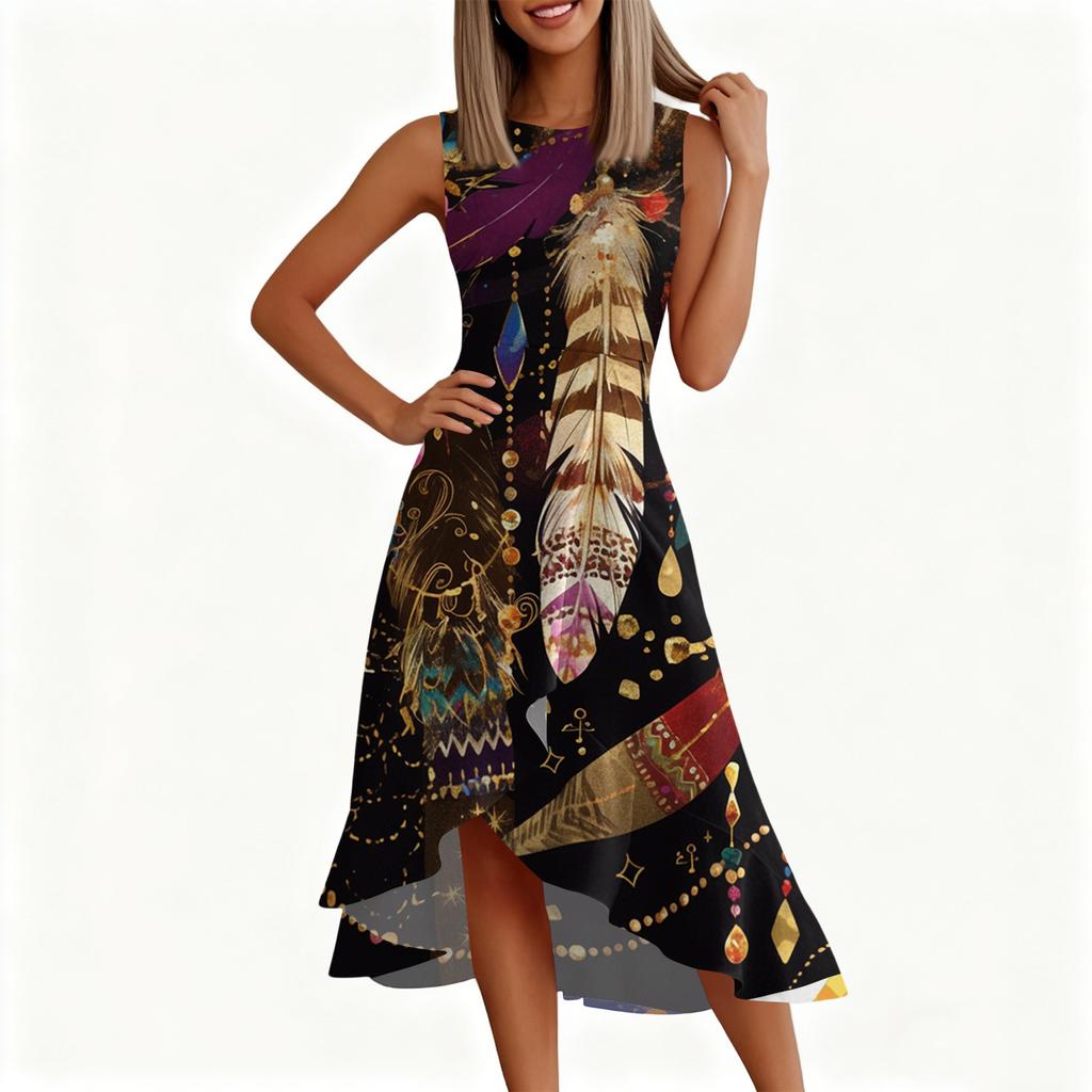 Women's Fashion Casual Sleeveless Round-Neck Printed Ruffled Dress with Zipper