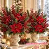 64 Pcs 32 Sets Christmas Artificial Floral Bouquet with Red Berries Pinecones and Pine Branches for Indoor Outdoor Decorations