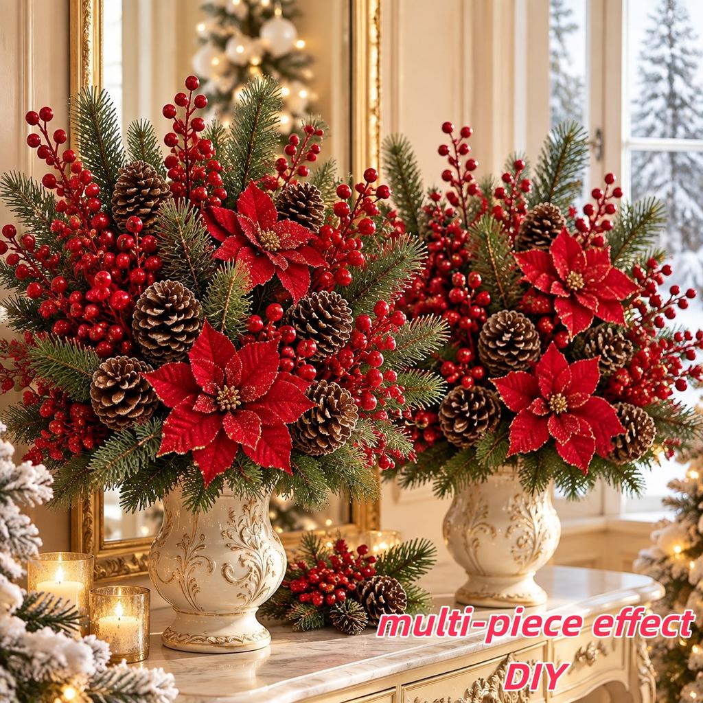 64 Pcs 32 Sets Christmas Artificial Floral Bouquet with Red Berries Pinecones and Pine Branches for Indoor Outdoor Decorations
