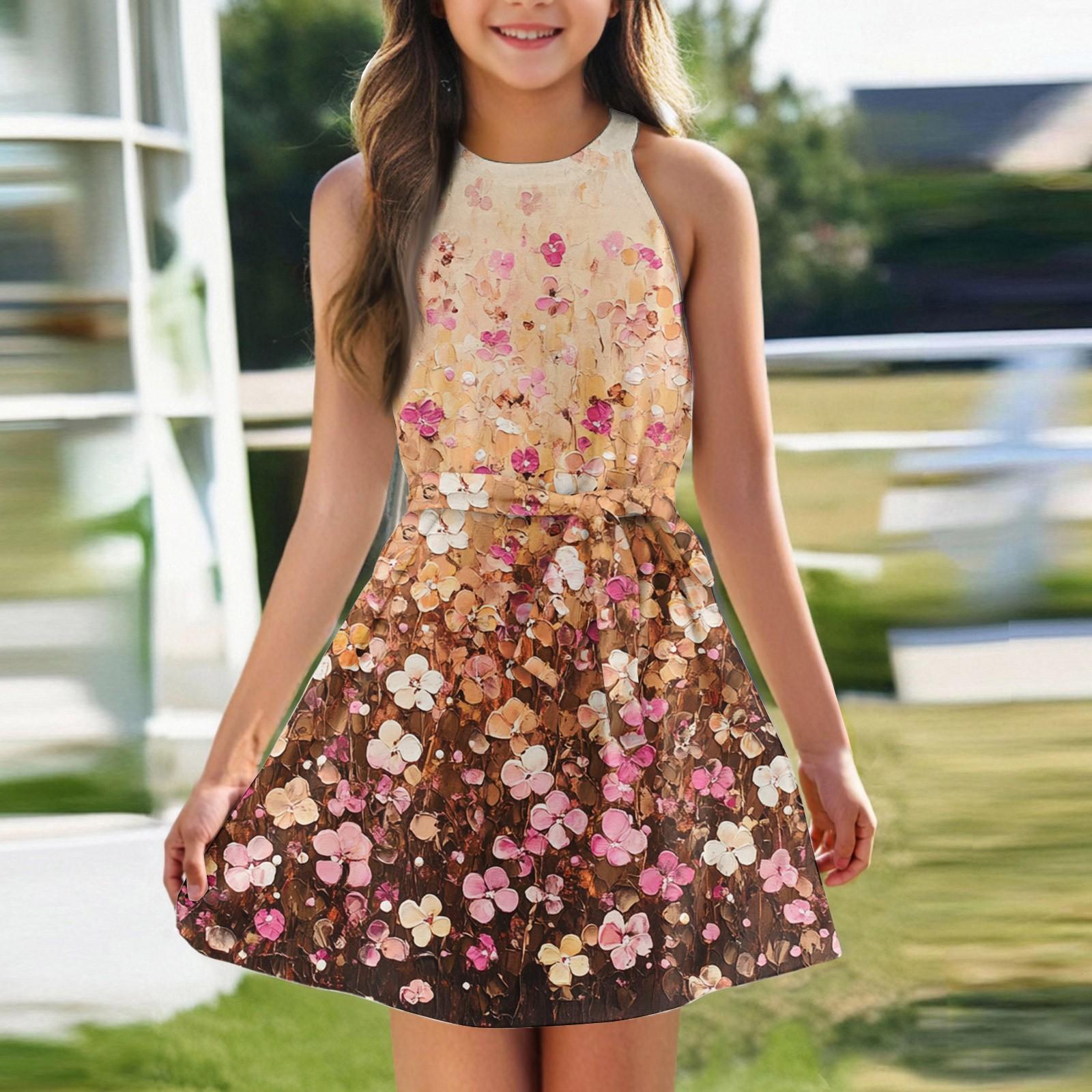 

Летнее платье для девочек Платье без рукавов на бретельках Однотонное платье без рукавов с принтом Повседневное платье 120 жёлтый