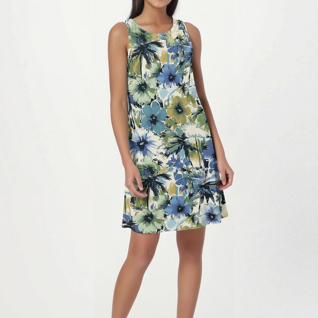 Women's Fashion Beach Dress Sleeveless Round Neck Floral Print Dress