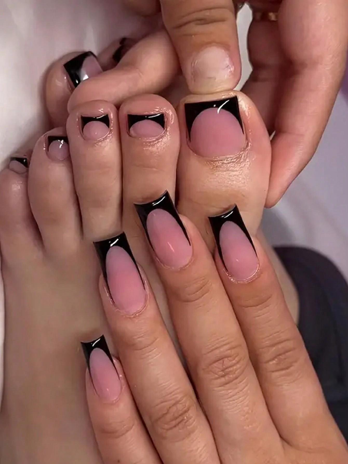 

48pcs French black border hand and foot armour Glossy fake toenails fully covered with nude spring break toenails for women 2030 оранжевый
