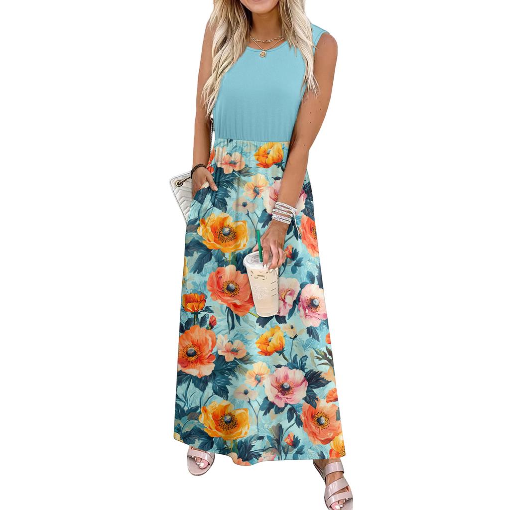 Ladies' Floral Print Casual And Fashionable Waist Cinched Sleeveless Dress