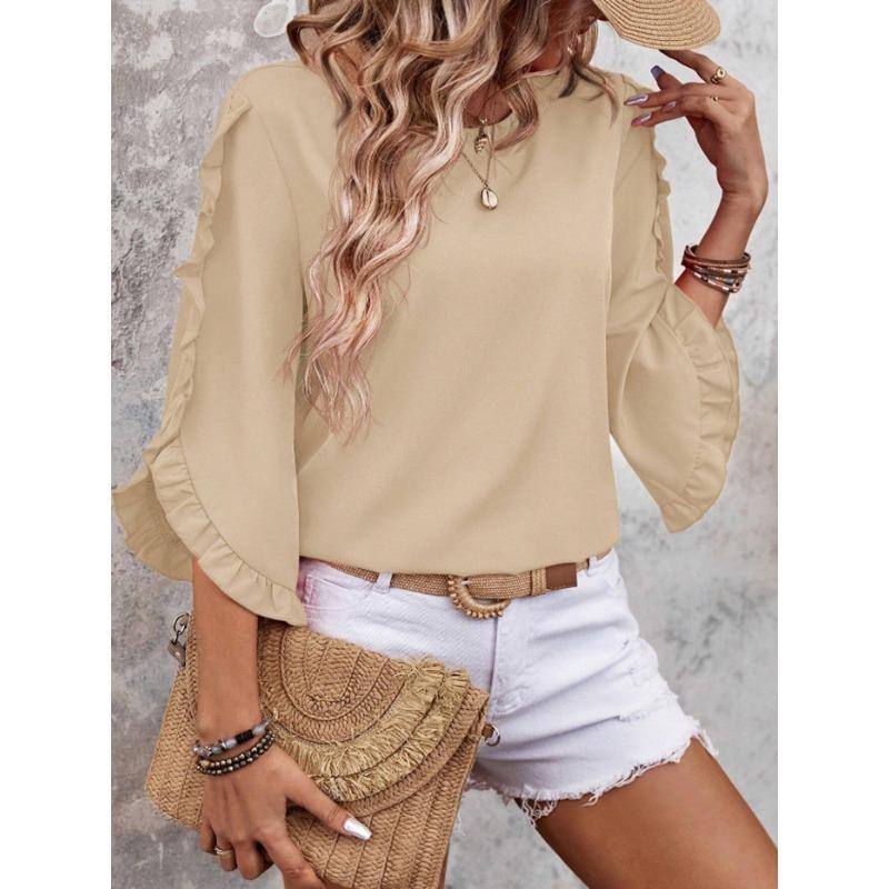 Summer Women's New Crew Neck Lace Irregular Seven Quarter Sleeve Top