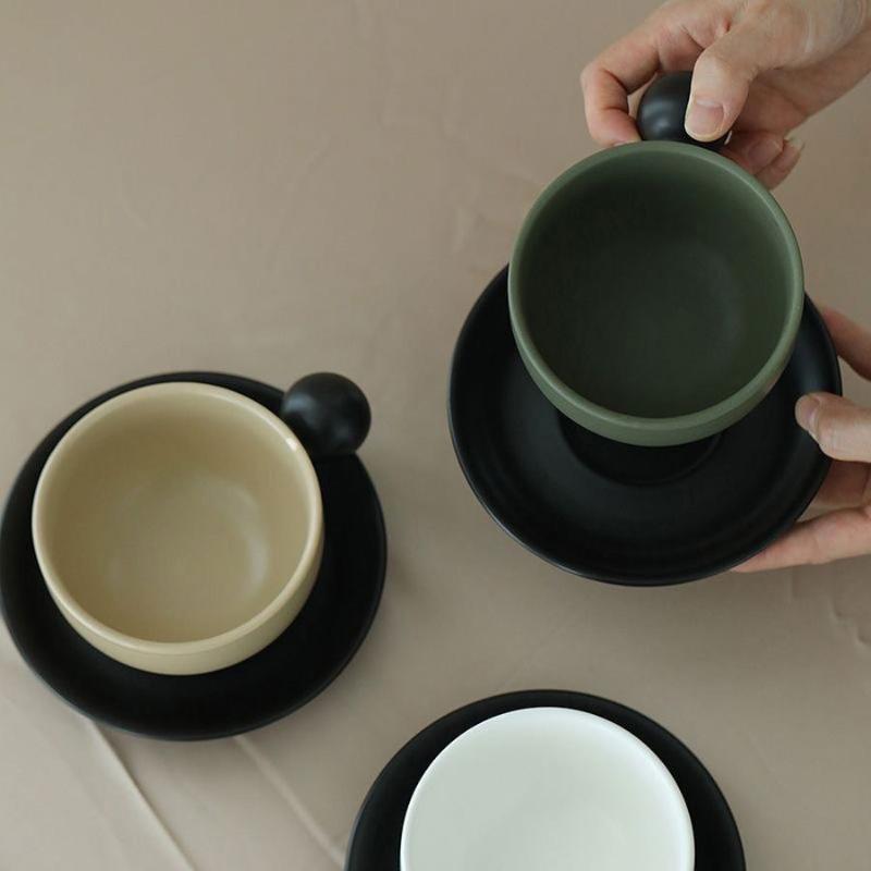 Color Blocking Ball Handle Ceramic Cup and Saucer Set Creative Matte Retro Design for Afternoon Tea Coffee Home Cafe Gift