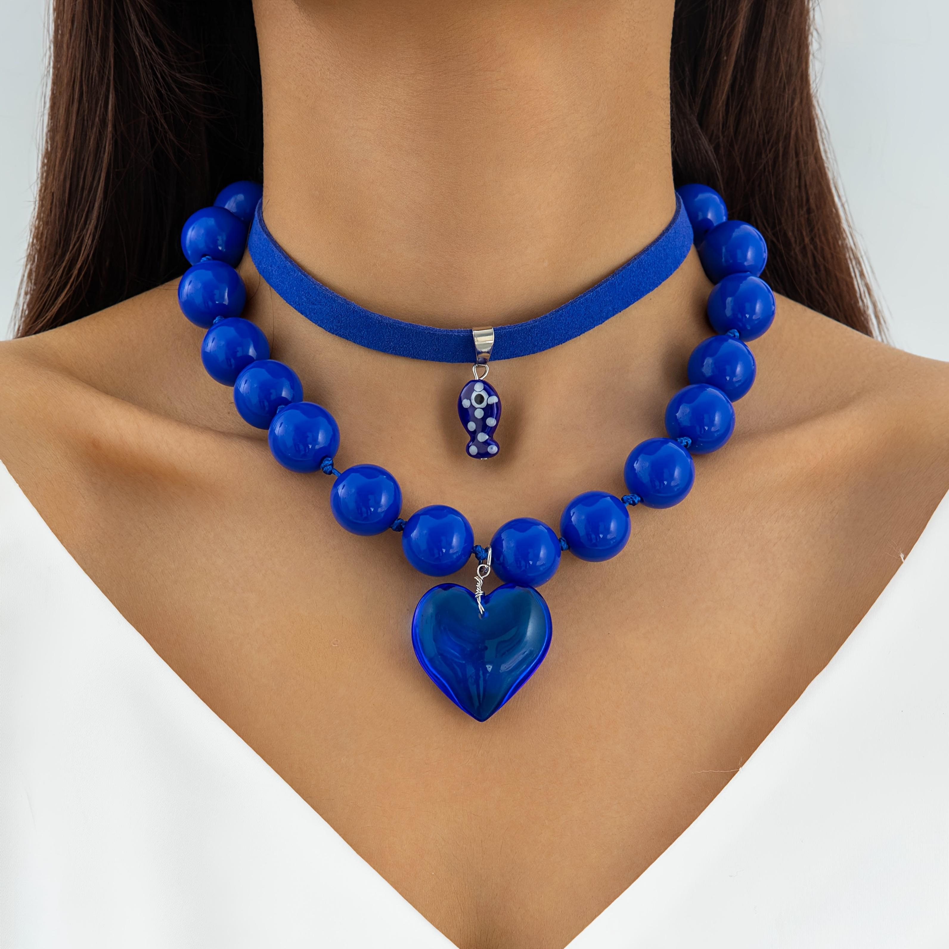 2 Elegant And Fashionable Round Bead Beaded Clavicle Chain Multi-Layer Stackable Love Heart Peach Heart Polka Dot Small Fish Pendant Necklace Set