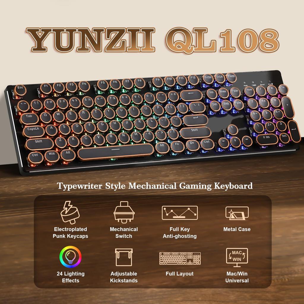 YUNZII QL108 Typewriter Mechanical Gaming RGB Metal Panel Round USB Wired Connection Onyx Keyboard, Full-Size, Hot-Swappable, Backlit, & Retro-Punk