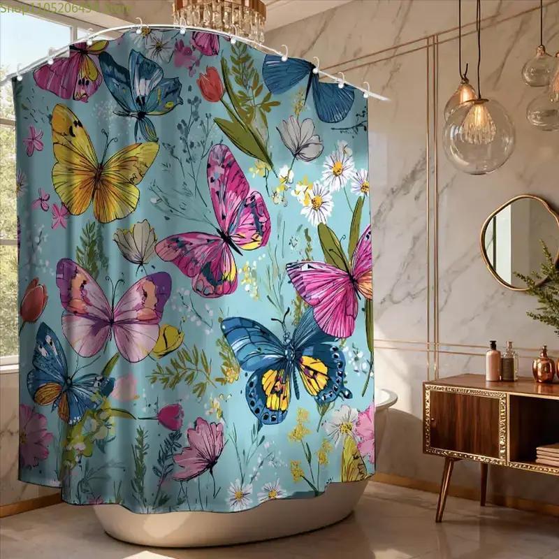 1pc Bathroom Shower Curtain, Butterfly Garden Visit Experience, Anniversary Shower Curtain, Includes 12 Hooks, 180x180cm Bathr