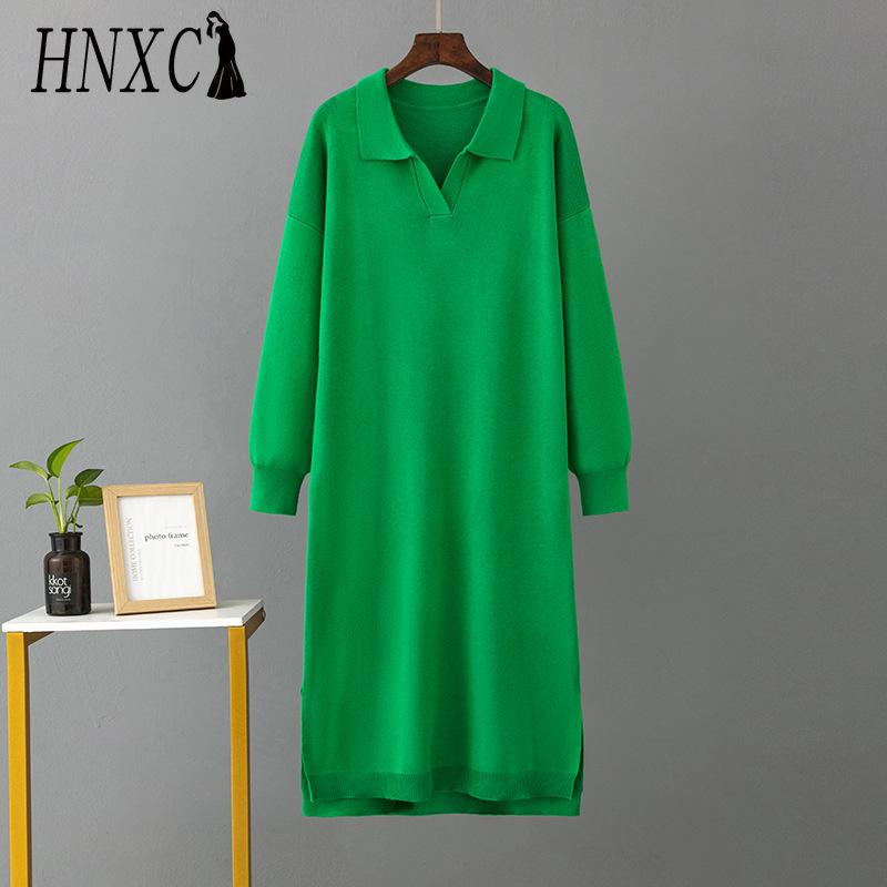 HNXC Rochii de toamnă-iarnă tricotate largi pentru femei, cu guler polo de culoare solidă, cu căptușeală