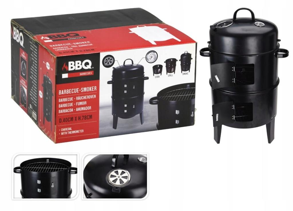 Parrilla de carbón con tapa ahumadora, acero negro, 40x78 cm