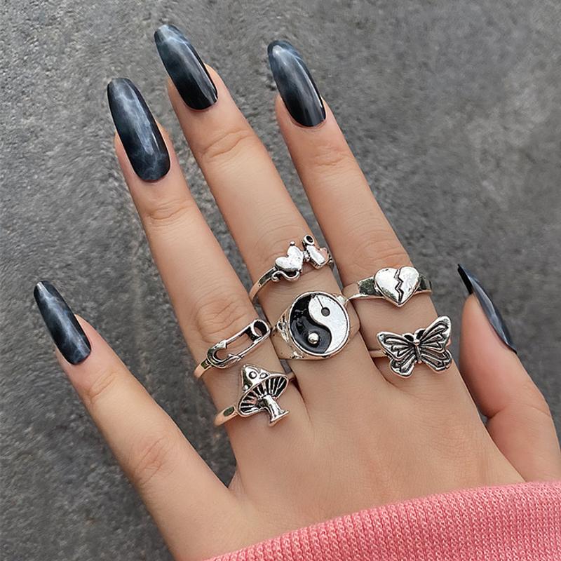 Punk YinYang Ring Set for Women Gothic Black Heart Butterfly Vintage Ghost Silver Color  Plated Retro Rhinestone Finger Jewelry