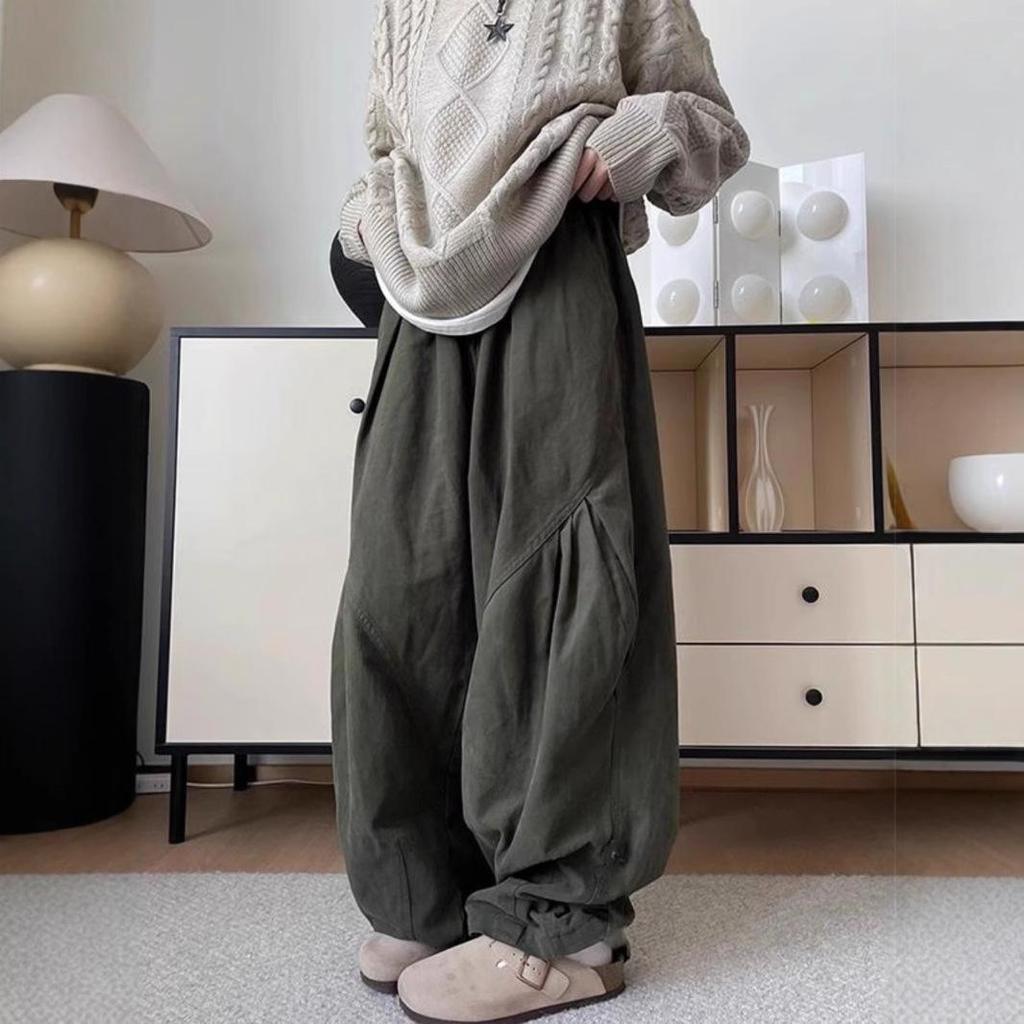 Unisex Japanese Style Coffee Pleated Wide-Leg Workwear Pants