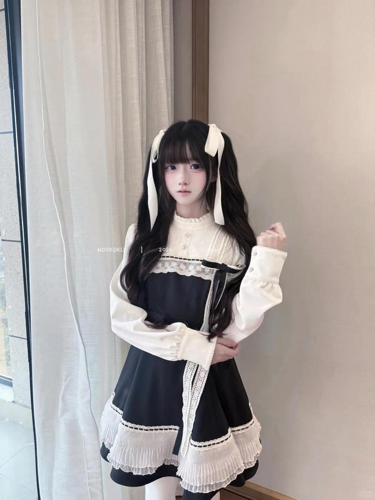 MODKOKU Gotické vrstvené šaty Lolita z umělé kůže s mašlí v pase a úhledným a mini roztomilým francouzským dívčím Halloween aristokratickým dámským dlouhým šatem XL, Dámské