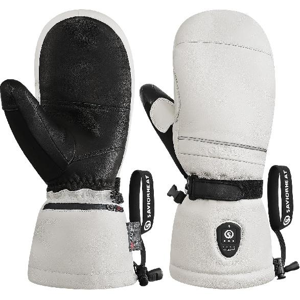 SAVIOR HEAT Heated Ski Mittens 3.0 for Men Women, 3000mAh Rechargeable Battery Electric Leather Gloves, Waterproof 3M Thinsulate Extreme Cold Winter