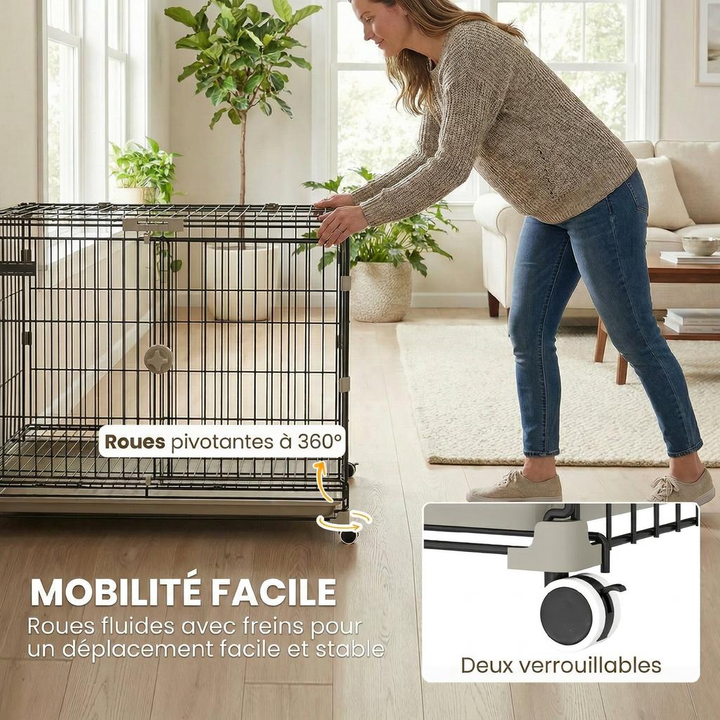 Dog Cage, Removable Tray, Wheels with Brakes, Lockable Opening Roof, 75.5x46x64.5cm, Black