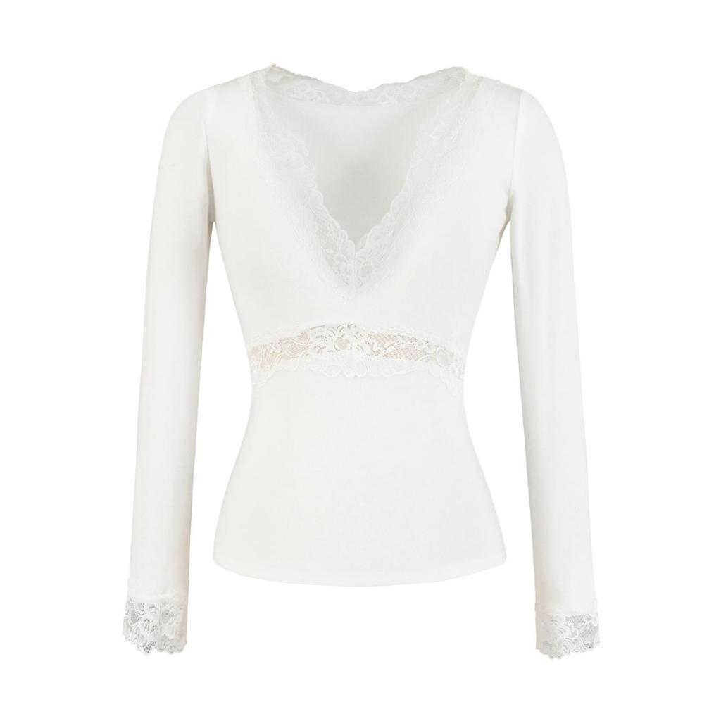 Lace Splice V-Neck Slim Fit Waist-Cinching Cotton Top for Women - Ideal for Autumn/Winter