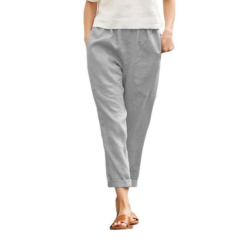 Women's Elastic Waist Straight Leg Linen Cotton Casual Pants Loose Fit Pocket Trousers