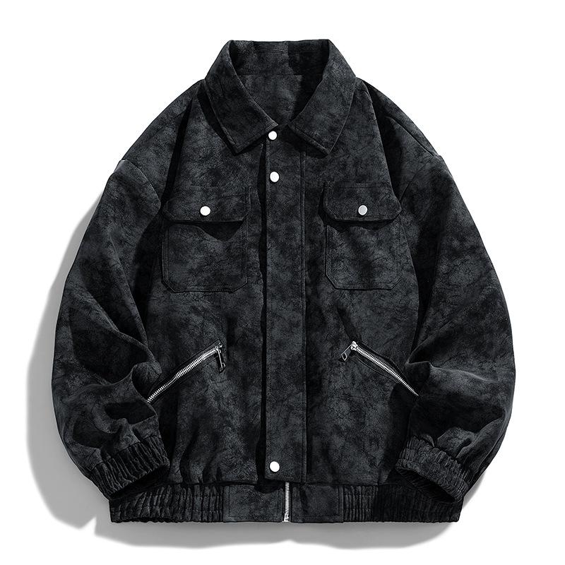 Autumn Maillard retro leather jacket men's loose casual ruffian handsome flight jacket gray black loose casual retro