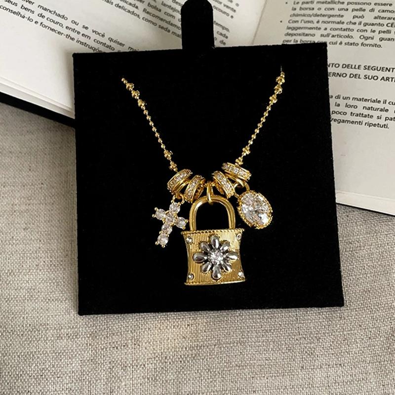 Charming Cross Lock Pendant Necklace Women Zircon Circle Fringe Minimalist Personality Retro Necklace Accessory Party Daily Gift