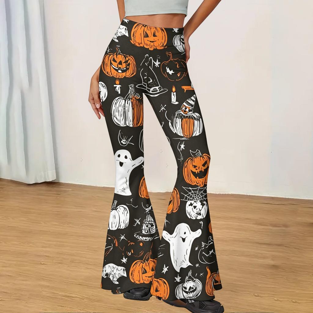 Women's Halloween Print Flared Yoga Pants Stretchy High Waist Casual Fitness Leggings Slim Fit Micro Flare Trousers for Everyday Wear